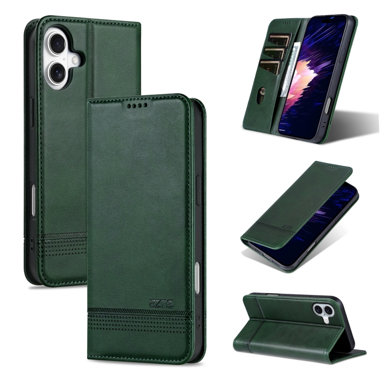 

For iPhone 16 Plus AZNS Magnetic Calf Texture Flip Leather Phone Case(Dark Green)