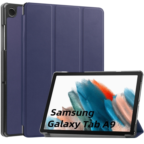 

For Samsung Galaxy Tab A9 Custer Pure Color 3-Fold Holder Leather Tablet Case(Dark Blue)