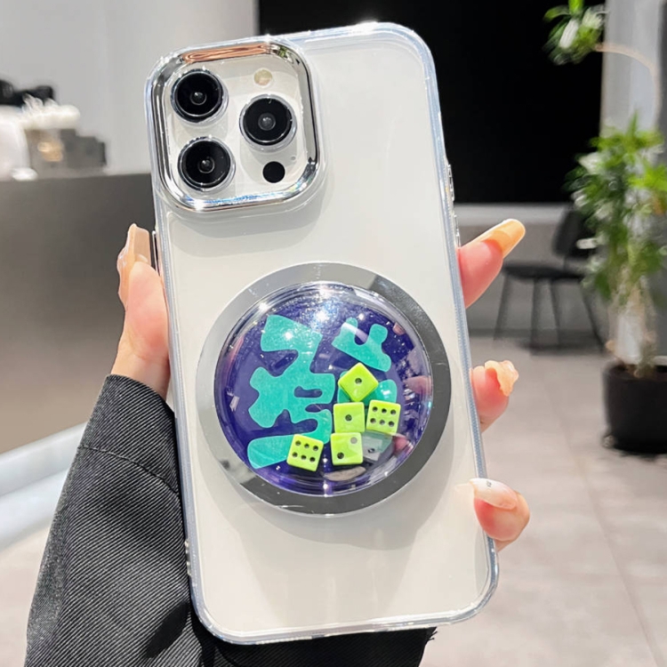 

For iPhone 13 Pro Electroplated Lens Ring Transparent Phone Case(Green Dice)