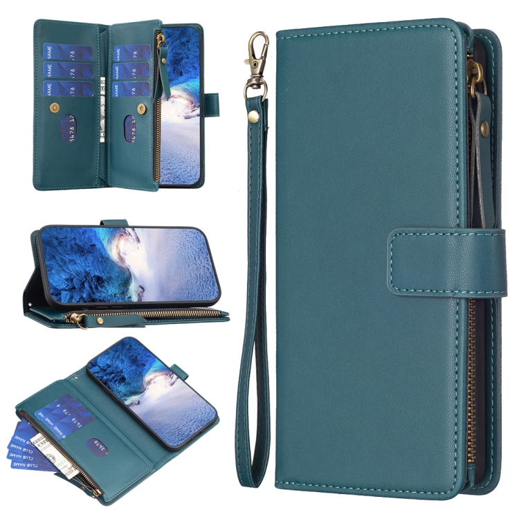 

For OPPO A58 4G 9 Card Slots Zipper Wallet Leather Flip Phone Case(Green)