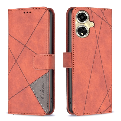 For OPPO A59 5G Magnetic Buckle Rhombus Texture Leather Phone Case(Brown) for motorola moto g34 5g magnetic buckle rhombus texture leather phone case brown