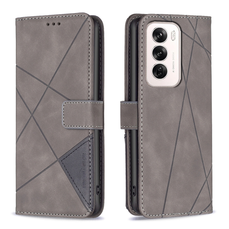 

For OPPO Reno12 Global Magnetic Buckle Rhombus Texture Leather Phone Case(Grey)