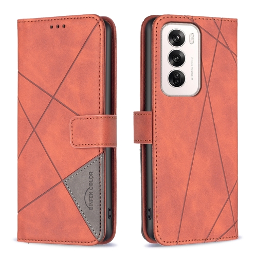 

For OPPO Reno12 Global Magnetic Buckle Rhombus Texture Leather Phone Case(Brown)