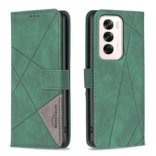 

For OPPO Reno12 Global Magnetic Buckle Rhombus Texture Leather Phone Case(Green)