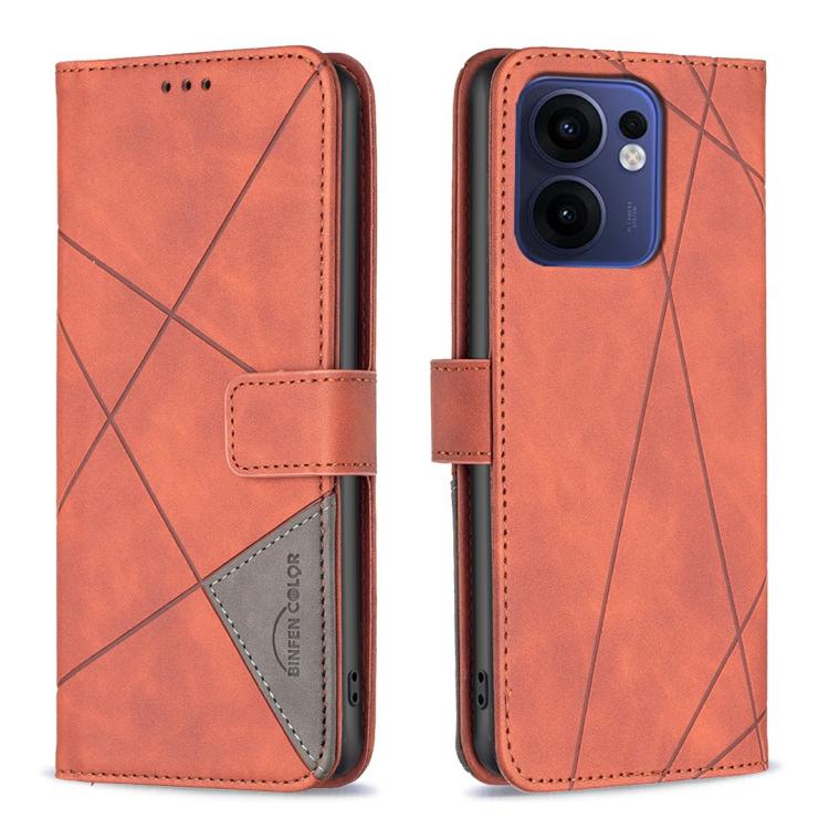 

For OPPO Reno13 F 5G Magnetic Buckle Rhombus Texture Leather Phone Case(Brown)