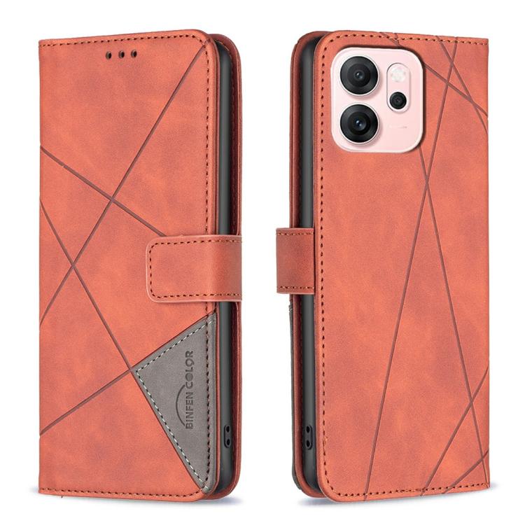 

For OPPO Reno14 F 5G Magnetic Buckle Rhombus Texture Leather Phone Case(Brown)