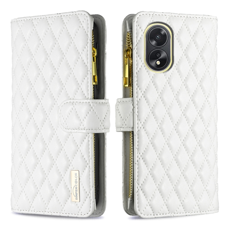 

For OPPO A38 4G Diamond Lattice Zipper Wallet Leather Flip Phone Case(White)