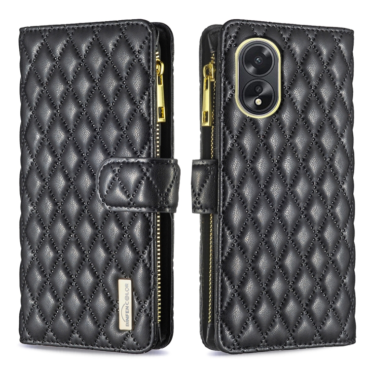 

For OPPO A38 4G Diamond Lattice Zipper Wallet Leather Flip Phone Case(Black)