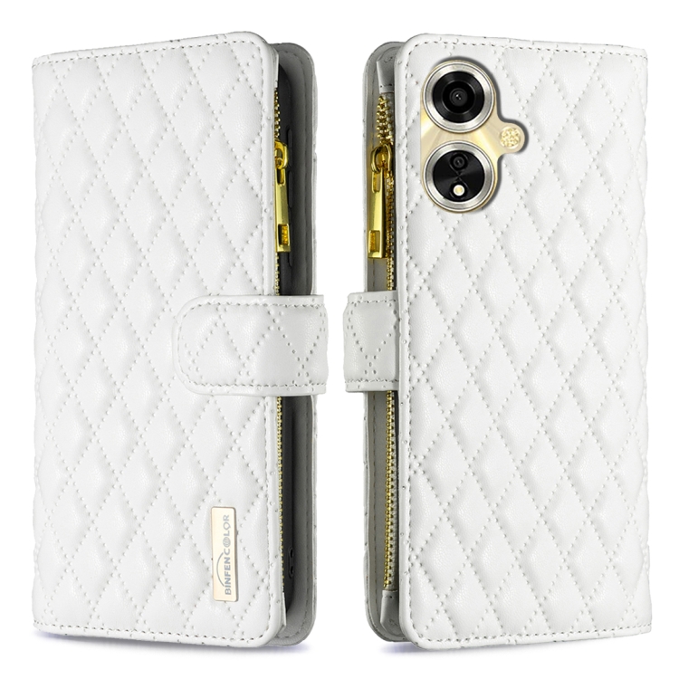 

For OPPO A59 5G Diamond Lattice Zipper Wallet Leather Flip Phone Case(White)