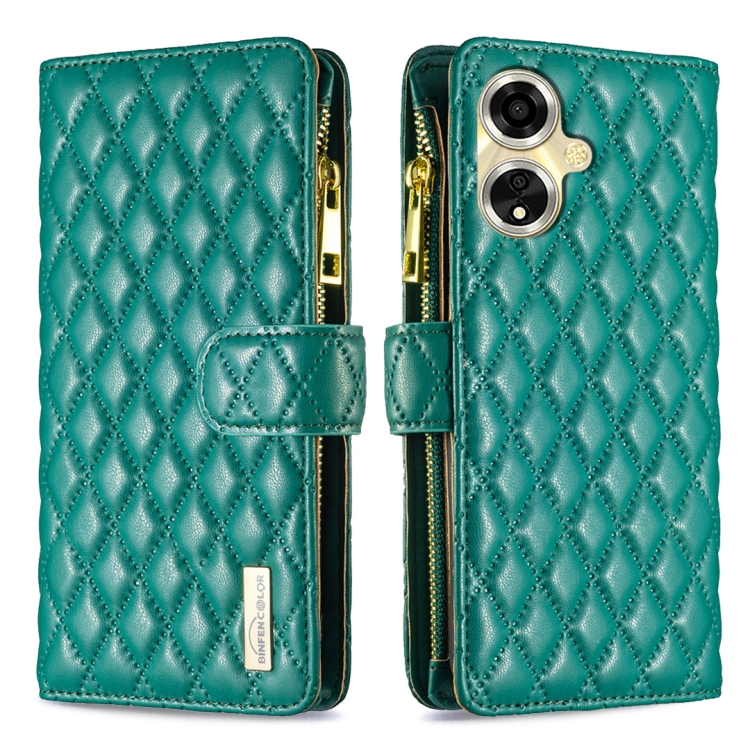 

For OPPO A59 5G Diamond Lattice Zipper Wallet Leather Flip Phone Case(Green)