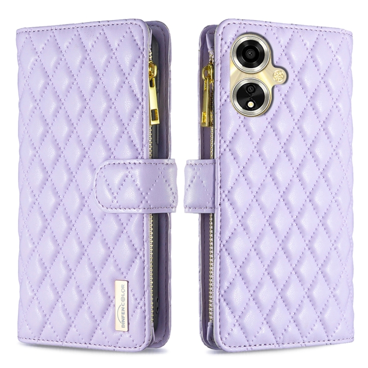 

For OPPO A59 5G Diamond Lattice Zipper Wallet Leather Flip Phone Case(Purple)