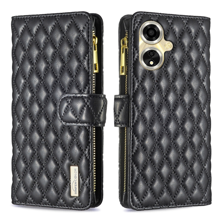 

For OPPO A59 5G Diamond Lattice Zipper Wallet Leather Flip Phone Case(Black)