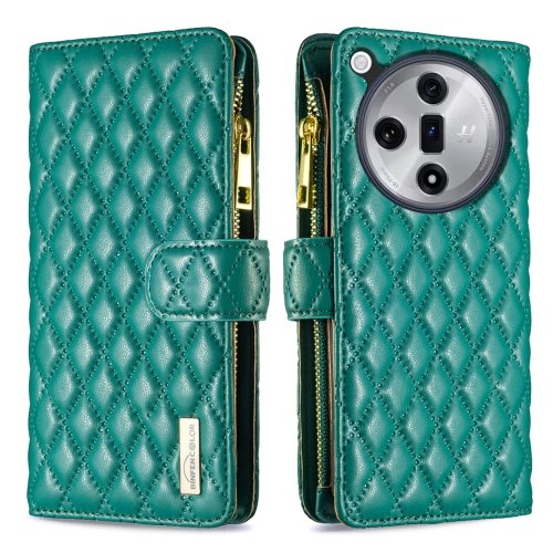 

For OPPO Find X7 Diamond Lattice Zipper Wallet Leather Flip Phone Case(Green)