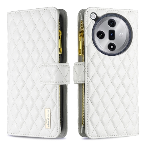 

For OPPO Find X7 Ultra Diamond Lattice Zipper Wallet Leather Flip Phone Case(White)