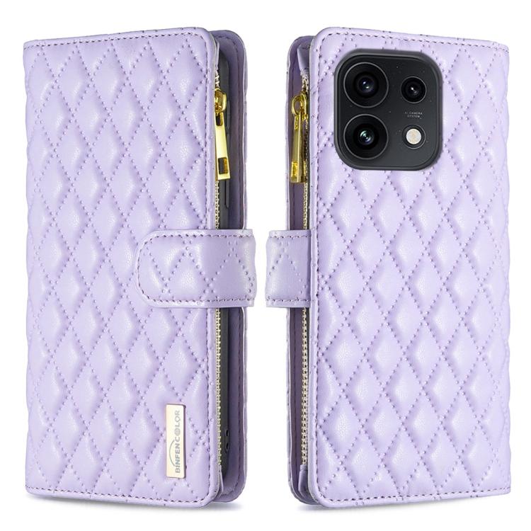 For OPPO Reno16/Reno16 Pro 5G Global Diamond Lattice Zipper Wallet Leather Flip Phone Case(Purple)