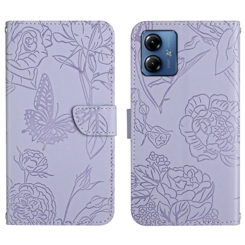 

For Motorola Moto G14 HT03 Skin Feel Butterfly Embossed Flip Leather Phone Case(Purple)