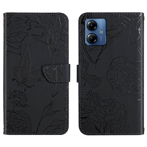

For Motorola Moto G14 HT03 Skin Feel Butterfly Embossed Flip Leather Phone Case(Black)