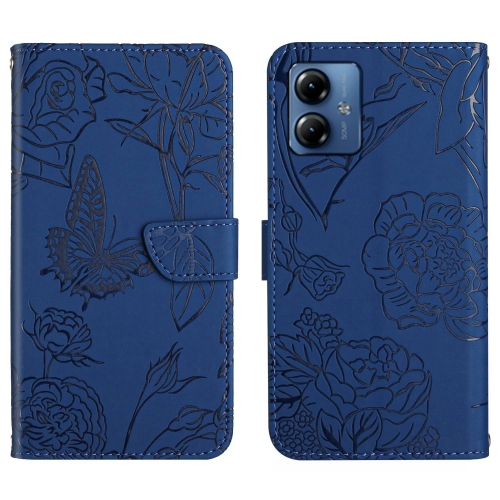 

For Motorola Moto G54 HT03 Skin Feel Butterfly Embossed Flip Leather Phone Case(Blue)