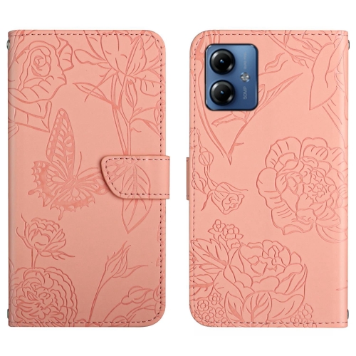 

For Motorola Moto G54 HT03 Skin Feel Butterfly Embossed Flip Leather Phone Case(Pink)