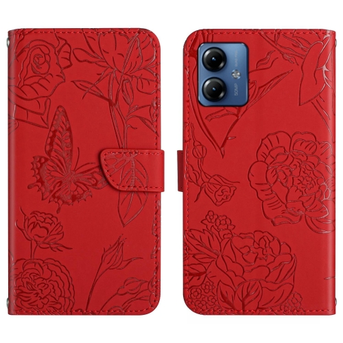 

For Motorola Moto G54 HT03 Skin Feel Butterfly Embossed Flip Leather Phone Case(Red)