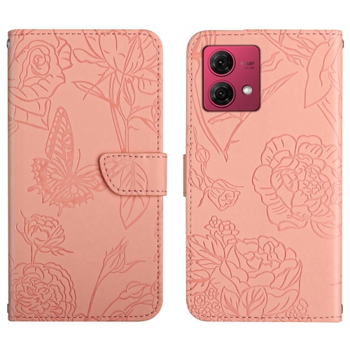 

For Motorola Moto G84 HT03 Skin Feel Butterfly Embossed Flip Leather Phone Case(Pink)