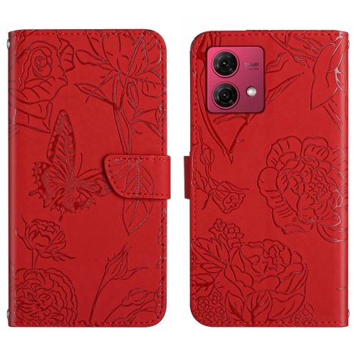 

For Motorola Moto G84 HT03 Skin Feel Butterfly Embossed Flip Leather Phone Case(Red)