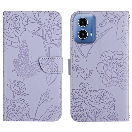

For Motorola Moto G34 5G HT03 Skin Feel Butterfly Embossed Flip Leather Phone Case(Purple)