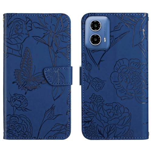 

For Motorola Moto G34 5G HT03 Skin Feel Butterfly Embossed Flip Leather Phone Case(Blue)