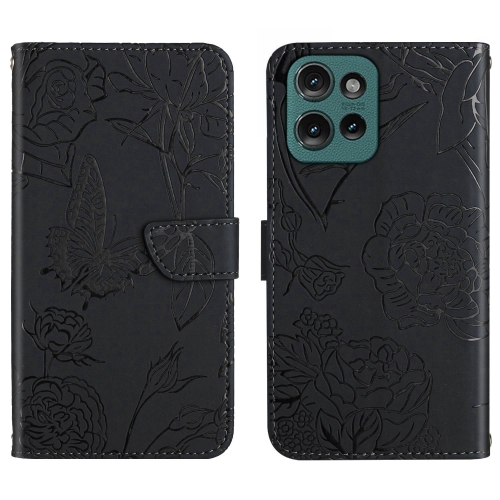 

For Motorola Edge 50 Neo HT03 Skin Feel Butterfly Embossed Flip Leather Phone Case(Black)