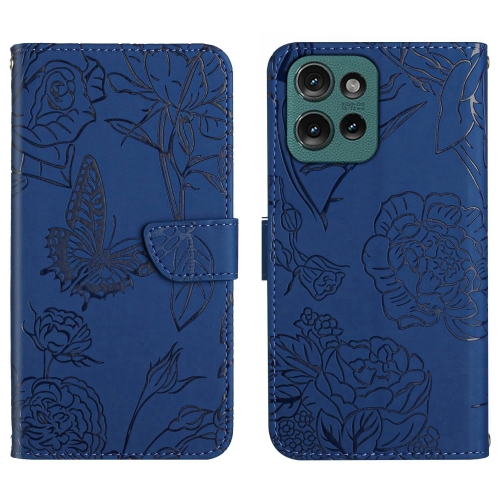 

For Motorola Edge 50 Neo HT03 Skin Feel Butterfly Embossed Flip Leather Phone Case(Blue)