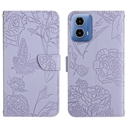 

For Motorola Moto G35 5G HT03 Skin Feel Butterfly Embossed Flip Leather Phone Case(Purple)