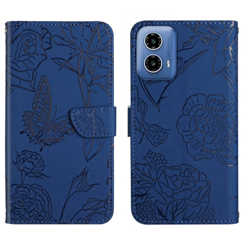 

For Motorola Moto G35 5G HT03 Skin Feel Butterfly Embossed Flip Leather Phone Case(Blue)