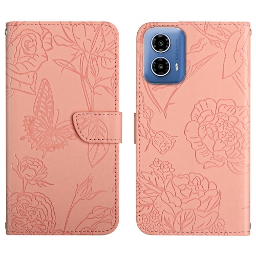 

For Motorola Moto G35 5G HT03 Skin Feel Butterfly Embossed Flip Leather Phone Case(Pink)