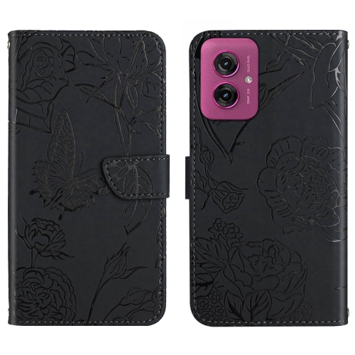 

For Motorola Moto G55 5G HT03 Skin Feel Butterfly Embossed Flip Leather Phone Case(Black)