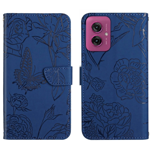 

For Motorola Moto G55 5G HT03 Skin Feel Butterfly Embossed Flip Leather Phone Case(Blue)