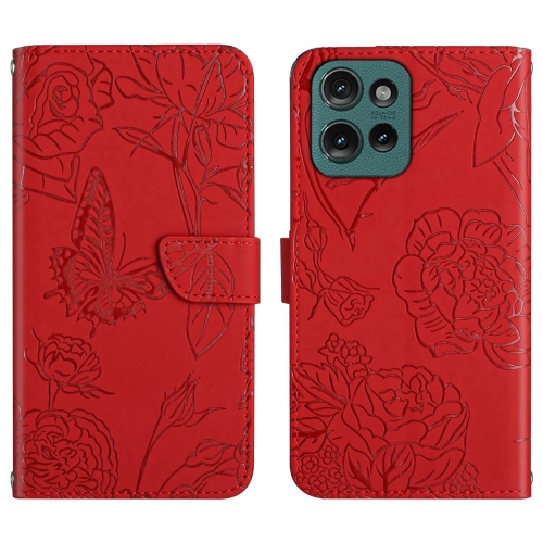 

For Motorola Moto G75 5G HT03 Skin Feel Butterfly Embossed Flip Leather Phone Case(Red)