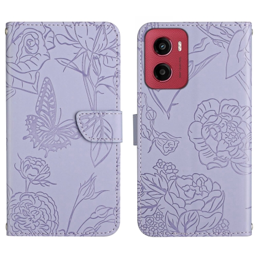 

For Motorola Moto G05 HT03 Skin Feel Butterfly Embossed Flip Leather Phone Case(Purple)