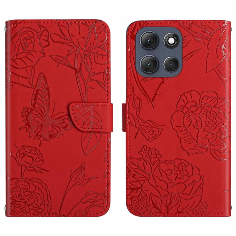 

For Motorola Moto G56 5G HT03 Skin Feel Butterfly Embossed Flip Leather Phone Case(Red)