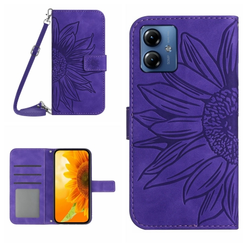 

For Motorola Moto G14 HT04 Skin Feel Sun Flower Embossed Flip Leather Phone Case with Lanyard(Dark Purple)