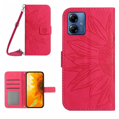 

For Motorola Moto G14 HT04 Skin Feel Sun Flower Embossed Flip Leather Phone Case with Lanyard(Rose Red)