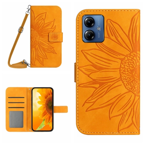 

For Motorola Moto G14 HT04 Skin Feel Sun Flower Embossed Flip Leather Phone Case with Lanyard(Yellow)