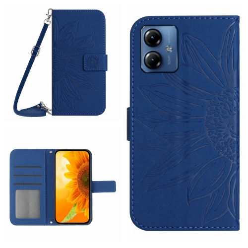 

For Motorola Moto G14 HT04 Skin Feel Sun Flower Embossed Flip Leather Phone Case with Lanyard(Dark Blue)