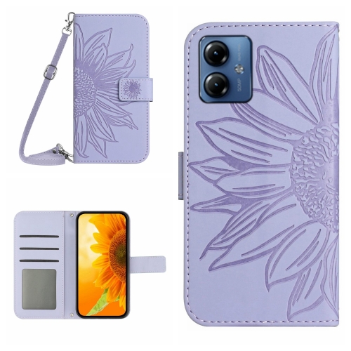 

For Motorola Moto G14 HT04 Skin Feel Sun Flower Embossed Flip Leather Phone Case with Lanyard(Purple)