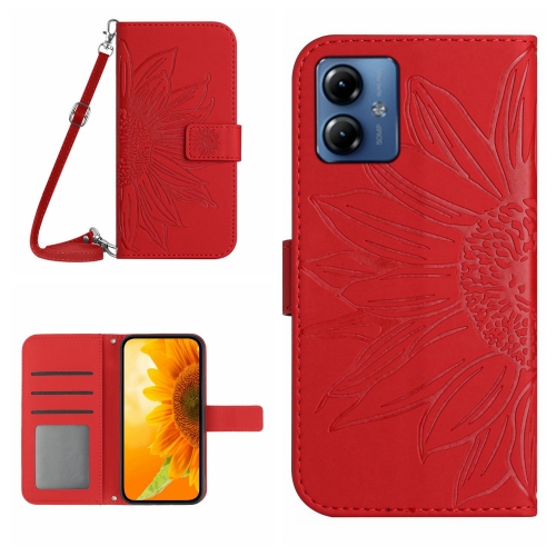 

For Motorola Moto G14 HT04 Skin Feel Sun Flower Embossed Flip Leather Phone Case with Lanyard(Red)