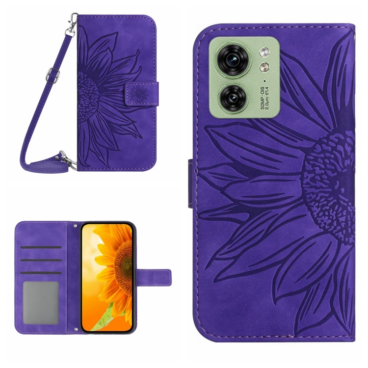 

For Motorola Edge 40 HT04 Skin Feel Sun Flower Embossed Flip Leather Phone Case with Lanyard(Dark Purple)