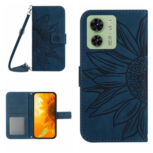 

For Motorola Edge 40 HT04 Skin Feel Sun Flower Embossed Flip Leather Phone Case with Lanyard(Inky Blue)