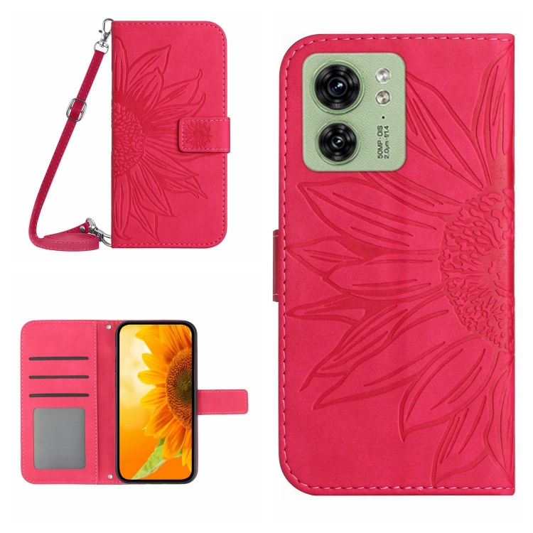

For Motorola Edge 40 HT04 Skin Feel Sun Flower Embossed Flip Leather Phone Case with Lanyard(Rose Red)