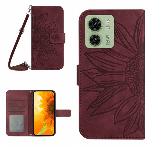 

For Motorola Edge 40 HT04 Skin Feel Sun Flower Embossed Flip Leather Phone Case with Lanyard(Wine Red)