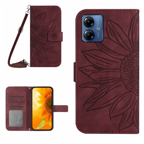 

For Motorola Moto G54 HT04 Skin Feel Sun Flower Embossed Flip Leather Phone Case with Lanyard(Wine Red)