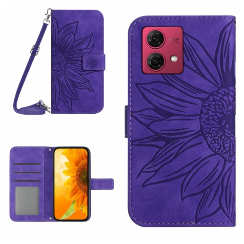 

For Motorola Moto G84 HT04 Skin Feel Sun Flower Embossed Flip Leather Phone Case with Lanyard(Dark Purple)